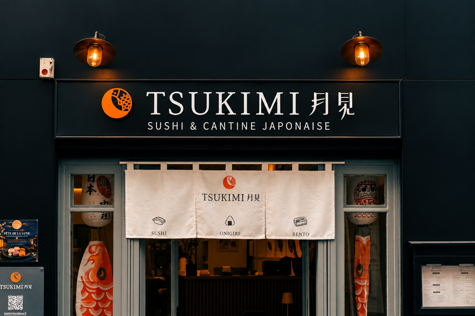La devanture TSUKIMI 月見, son enseigne et son rideau japonais